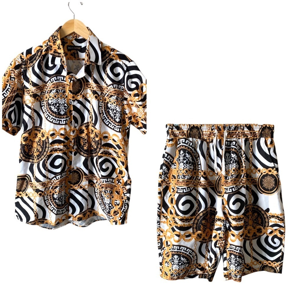 Suslo Couture NY Men’s 2 Piece Chain Print Shirt & Shorts Beach Outfit Set XL